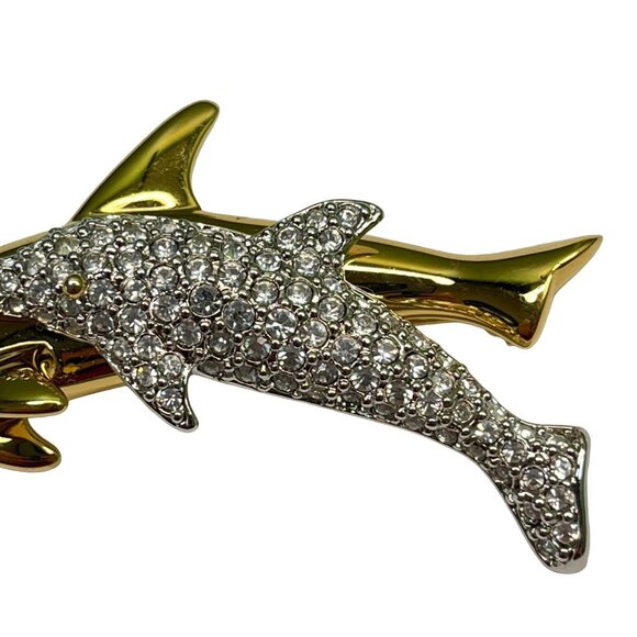 Swarovski Double Dolphin Brooch Gold Tone Crystal Rhinestones Beach Nautical - Picture 7 of 9
